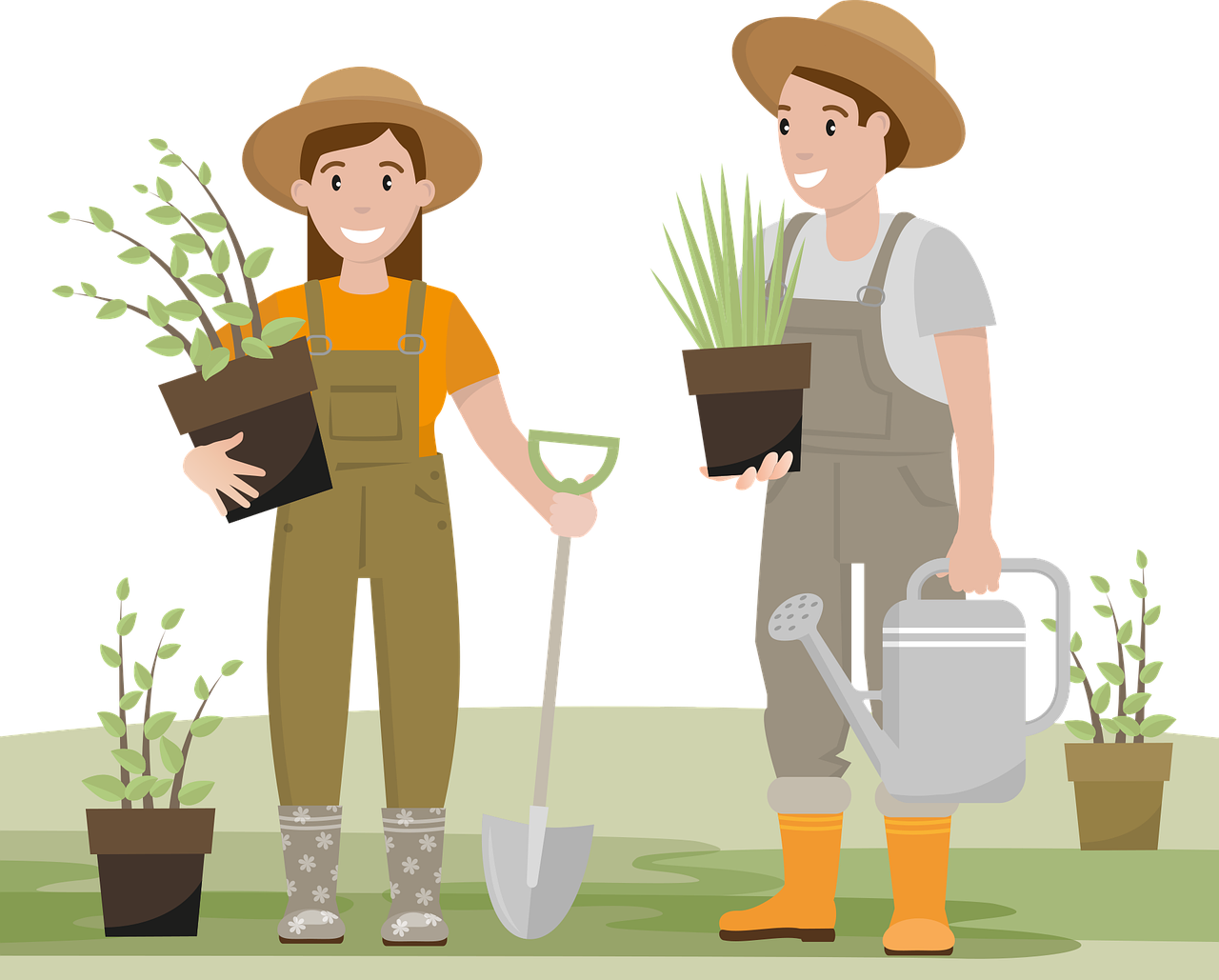 Jardinería Gines Barcelona - gardener, garden, spring, planting, nature, plant, gardening, cartoon, pair, drawing, people